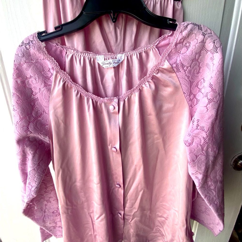 Vanity Fair Pink Lace nylon vintage made in USA two piece pajama set.